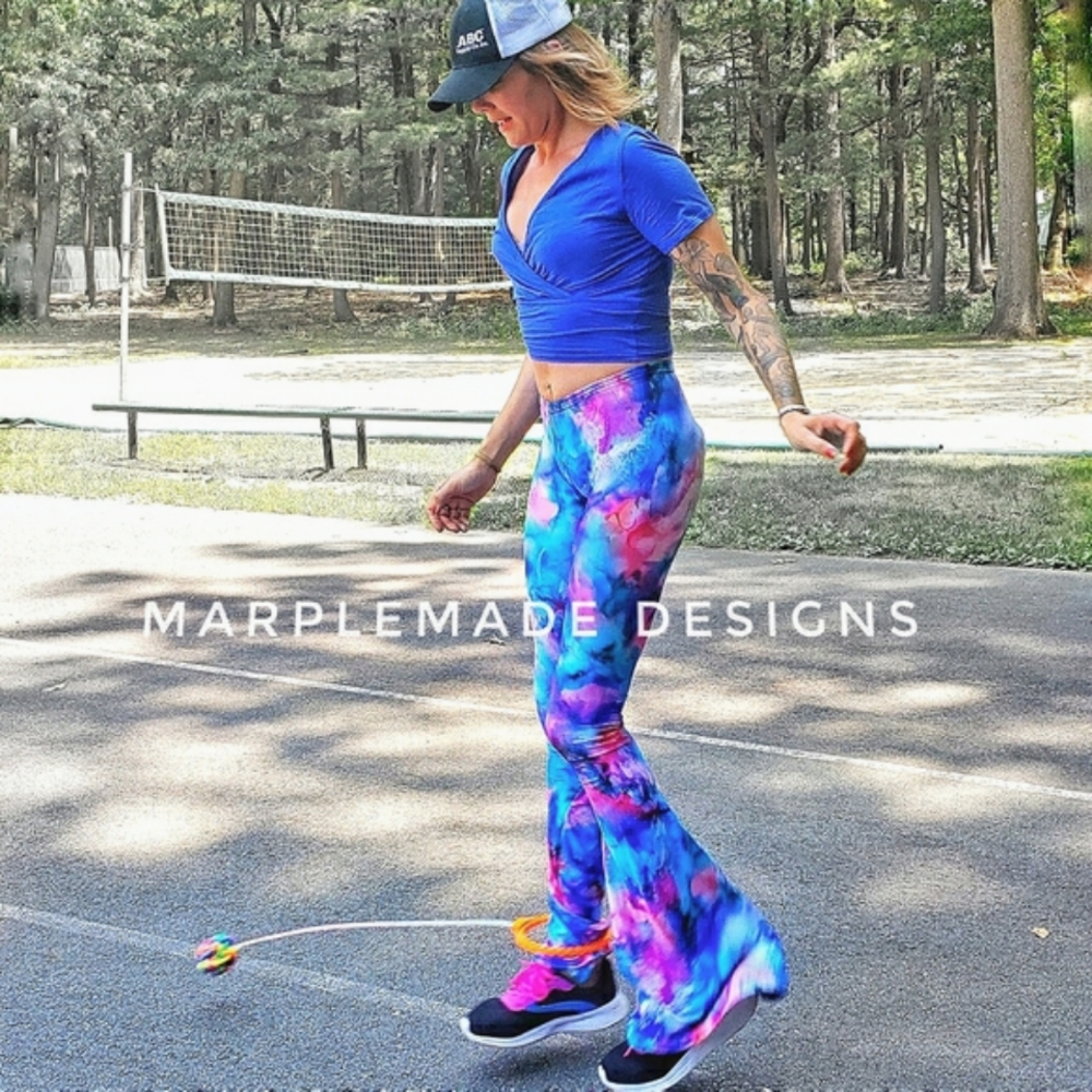 NWT*XS /X Long 23x36 flare 💜Marplemade Designs flares mid waist, nylon/s